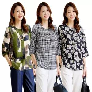 여성 인견 블라우스 여름 셔링 7부 루즈핏 패턴 반팔 상의