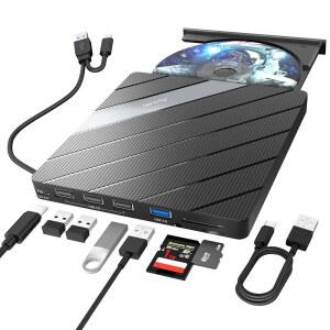 노트북용 ALXUM 외장 CD DVD 드라이브 여러 포트가 있는 IN 휴대용 버너 리라이터로 WINDOWS 11 10 MACOS 등에서 빠른 전송 속도 8X 24X 지원