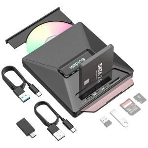 SUIDEK CD DVD 드라이브 외장 휴대용 드라이버 RW 버너 5인치 SATA SD 카드 리더 노트북 PC와 호환되는 USB 타입 허브
