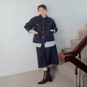 리 LEE 우먼 린넨 미디 데님 스커트 인디고 로우
