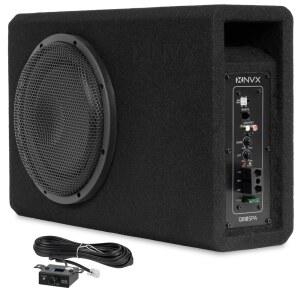 NVX QB10SPA 10인치 1200W(350W RMS) 얕은 슬롯 포트형 전동 서브우퍼 인클로저 u2013 내장 앰프, 메탈 그릴, 리모컨 손잡이, 자동차 및 트럭에 쉽게 설치할 수 있습니다