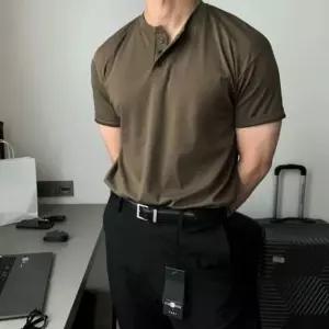 반팔 데일리 헨리넥 탑 남자티셔츠 티셔츠 남성 버튼 노카라 여름