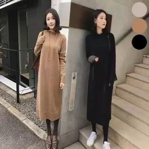 여자 겨울 롱 후드달린 따뜻 니트 후드원피스 원피스