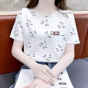 여성 플라워 자수 여름 반팔 티셔츠 입체 U넥티셔츠