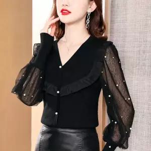 시스루 레이스 소매 블라우스 사교 라틴 라인댄스복 긴팔 댄스 모던 의상