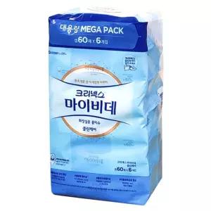 (60매형)(6팩) 크리넥스 마이비데 클린케어 화장실용 물티슈 대용량 엠보싱 비데티슈/사무실/화장실/물휴지
