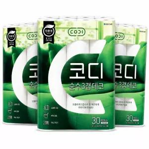 코디 순수 도톰 3겹데코 30M 30롤 x3팩 무향무잉크