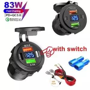 QC 30 PD30W 듀얼 USB 고속 차량용 충전기 소켓 2V/24V 방수 스위치 자동차 빠른 충전 어댑터 전원 콘센트