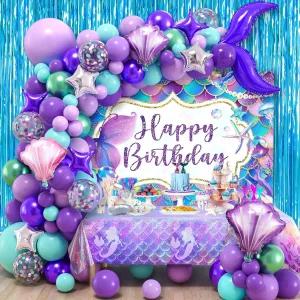 SNLN 139Pcs 를 위한 인어 생일 파티 장식 용품 풍선 아치 및 배경 식탁보 프린지 커튼 테일 별 포일 공주