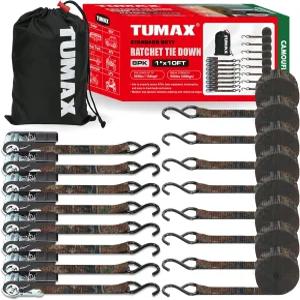 TUMAX 8 팩 1 x 10FT 위장 래칫 다운 스트랩 300파운드 작업 하중 900파운드 브레이크 강도 야외 캠핑 빅