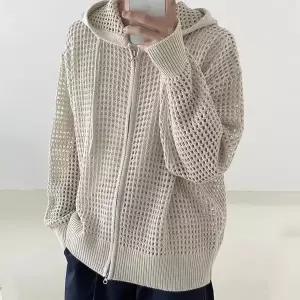 반팔 니트 티 여름 트렌디한 속이 비치는 후드 스웨터 남자 남성 봄 가을 루즈핏 지퍼 스타일 가디건 카디