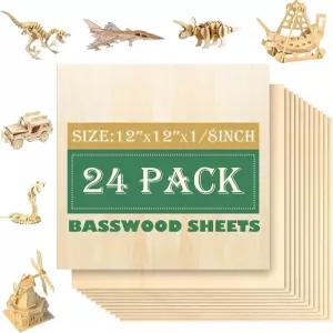 24팩 12인치 x 배스우드 시트 1/8인치 절단용 3mm DIY 장식용 합판 미완성 목재 공예 및 모형 그림 판화