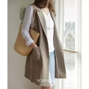 보니제이 레이어드 오픈 카라 롱 베스트 민소매 린넨 자켓 1338880