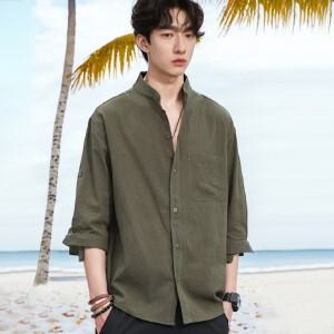 주홍  7부 여름 쿨 린넨셔츠 루즈핏 헨리넥 차이나카라 반팔셔츠 린넨남방