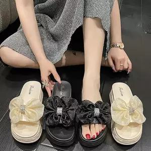 여자 사무실 외출 여름 큐빅 쉬폰 통굽 리본 슬리퍼 슬리퍼 굽높은 통굽 꽃무늬 여자 여름 발편한 비치