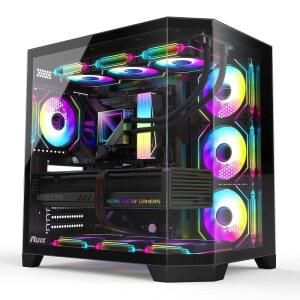 RUIX OV303 ATX 미드 타워 PC 케이스 사전 설치된 120mm 프리즘 ARGB PWM USB Type 포트 고풍량 게이밍 컴퓨터 케이스 블랙