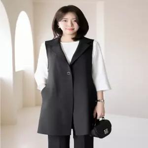 [드리다]여성 원버튼 카라 빅사이즈 정장 롱 베스트 40-50대 미시 중년여성 엄마옷 하객 모임 상견례 오피
