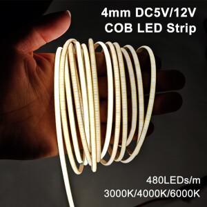 4mm COB LED 스트립 조명 초슬림 홈데코용 480 고밀도 플렉시블 RA90 선형 디밍 가능  자연광/차가운 백색