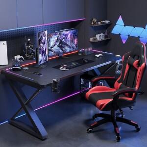 카본 섬유 질감 테이블 상판 RGB 무드등 XK형 탄소강 다리 E-스포츠 게이밍 컴퓨터 책상 (가정용)