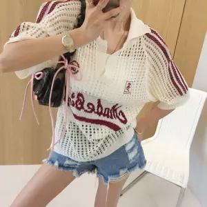 티티 슬릿 카라넥 레터링 패치 크로쉐 펀칭 뜨개 그물 캡 브라렛 이너 여름세트 (3color)