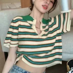 [하프클럽/]니트티 반팔 카라 스트라이프 크롭 여름 티셔츠