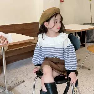 여누키즈 키즈 아동복 여아용 연잎 카라 줄무늬 긴팔 와이드 블라우스 100~150 긴소매 초등 중등 학생 성인