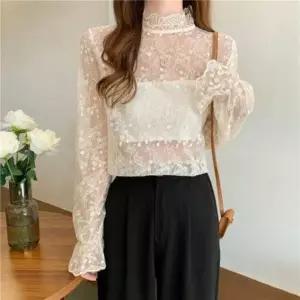 플라워 레이스 프릴 반목 이너 시스루 레이어드 긴팔 블라우스 2컬러