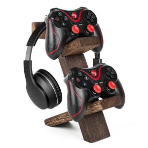 BEARUT 나무 게임 컨트롤러 홀더 헤드셋 스탠드 2단 범용 게이밍 PC 액세서리 보관 랙 헤드폰 XBOX 시리즈 PS5 PS4용