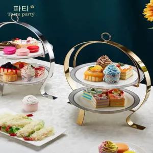 3단 애프터눈티트레이 홍차 플레이팅 받침대 접시 디저트 황금색 티타임 케이크스탠드 플레이트