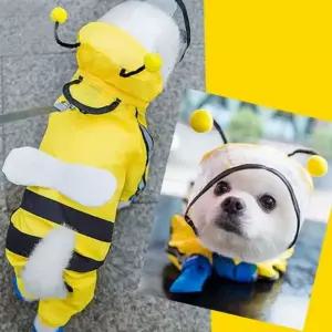 꿀벌 강아지 우비 후드 애견 우비 산책 레인코트 노랑 네발
