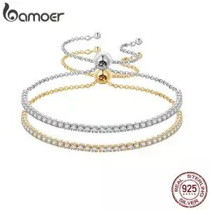 BAMOER 18K 골드 도금 CZ 클래식 테니스 팔찌 여성용 925 스털링 실버 조절 가능한 슬라이더 웨딩 주얼리