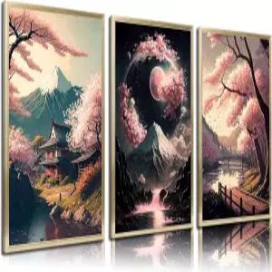 일본 캔버스 월 아트 3개 세트 벚꽃 호수 풍경 포스터 인쇄 후지산 벽 장식 사진 거실 침실 홈 데코