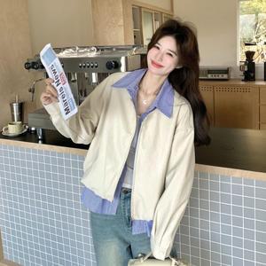 여성 스트라이프 페이크 투피스 가죽 코트 봄 칼라 쇼트 재킷
