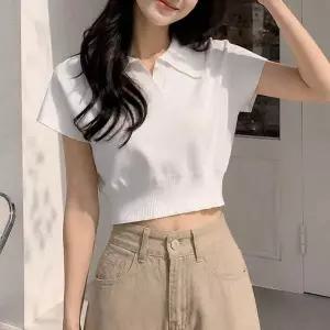 여성 카라 크롭 반팔 니트티 슬림핏 여름 데일리 오픈카라 골지