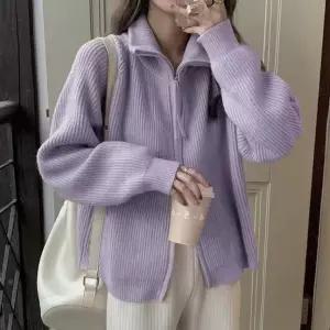 하이넥 니트 집업가디건 벌룬 카라 지퍼 가디건 퍼플