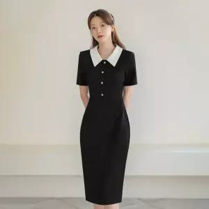 시크라인 ~XXL까지 에이첼 배색 원피스 하객룩 오피스룩 모임룩 격식룩 빅사이즈