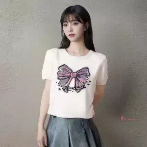 여자여성여름원피스 캐주얼 라운드넥 미니원피스 반팔 시원한 데일리 롱 리본프린팅 니트 플레어hij7