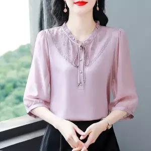 여성 봄 여름 가을 레이스 넥 리본 쉬폰 블라우스 우아한 간절기 MC54