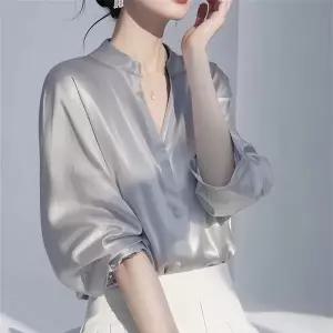 여성 봄 여름 루즈핏 브이넥 쉬폰 벌룬 7부소매 오피스룩 고급 블라우스
