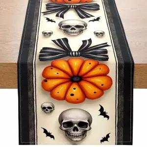 검은색과 흰색 리본 호박 해골 등 할로윈 테마 테이블 러너 1개 파티 및 가정 장식 장면