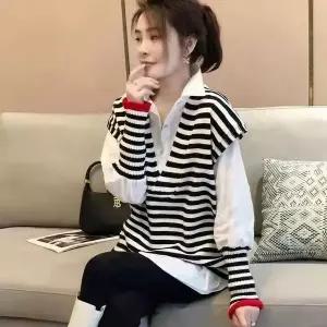 여성 봄 카라넥 줄무늬 셔츠 긴팔티 7753