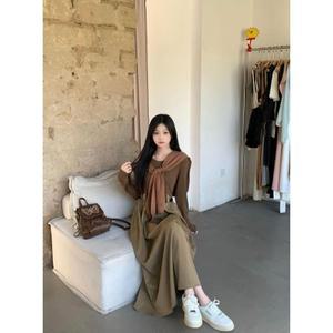 원픽 여성 빈티지 솔리드 라운드 슬림 긴팔 원피스 가을 A라인 롱 스커트 케이프