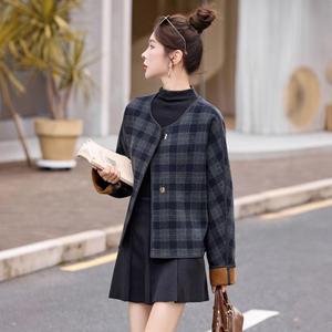 원픽 여성 프렌치 빈티지 라운드 체크 모직 하프 코트 가을 상의