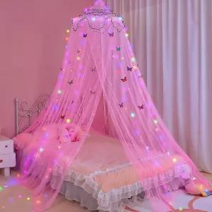 위한 피오비 침대 캐노피 LED 조명이 있는 커튼 모기장 DIY 프린세스 방 장식 침실용 별 나비 핫 핑크