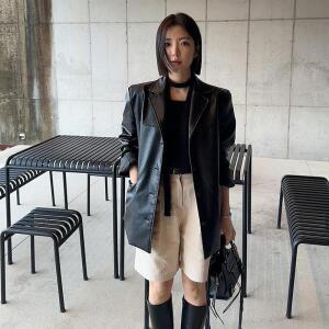 원픽 여성 가을 빈티지 PU가죽 라이더 정장 코트