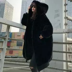 겨울 모피 후드 롱 털 인조 집업 아우터 여성 블랙