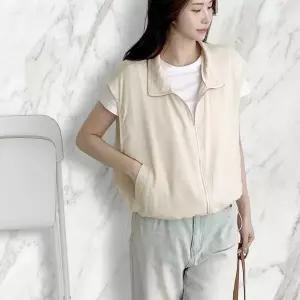 여성 여름 린넨 하이넥 카라 스트링 박스형 집업 조끼