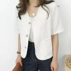 [RIZPICK]노카라 린넨 디자인 심플 반팔 자켓 데일리 여성오버핏자켓