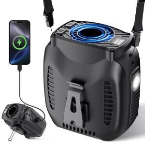 VOSFEEL 16000mAh 휴대용 허리 선풍기 충전식, 16000RPM 5단 강력한 공기 흐름, 손전등 장착 시 48시간 실행 시간, 캠핑, 야외, 작업 현장용 개인 착용형 벨트 선풍기, 블랙
