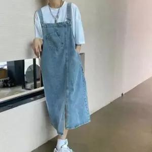멜빵롱치마 여성 언발 포켓 앞트임 유니크 캐주얼룩